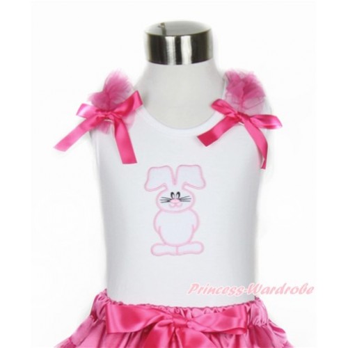 Easter White Tank Top With Hot Pink Ruffles & Hot Pink Bow With Bunny Rabbit Print TB664 