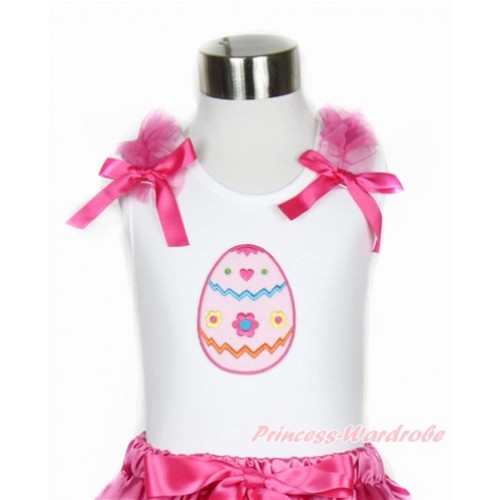 Easter White Tank Top With Hot Pink Ruffles & Hot Pink Bow With Easter Egg Print TB665 