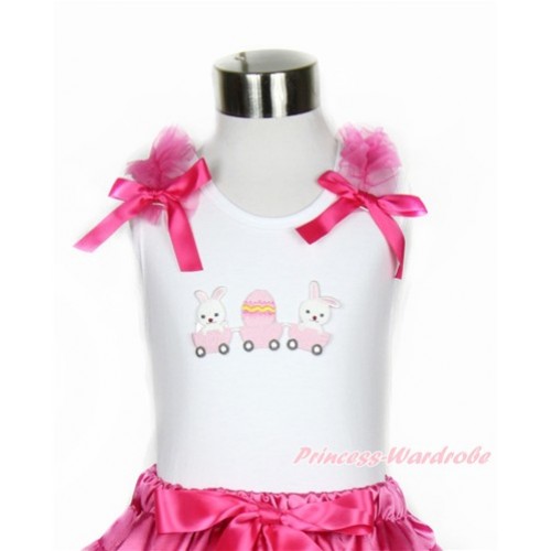 Easter White Tank Top With Hot Pink Ruffles & Hot Pink Bow With Bunny Rabbit Egg Print TB666 