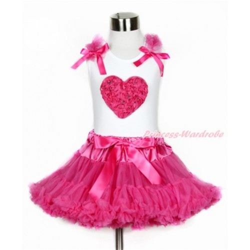 Valentine's Day White Tank Top with Hot Pink Ruffles & Hot Pink Bow with Hot Pink Rosettes Heart Print & Hot Pink Pettiskirt MG1050 