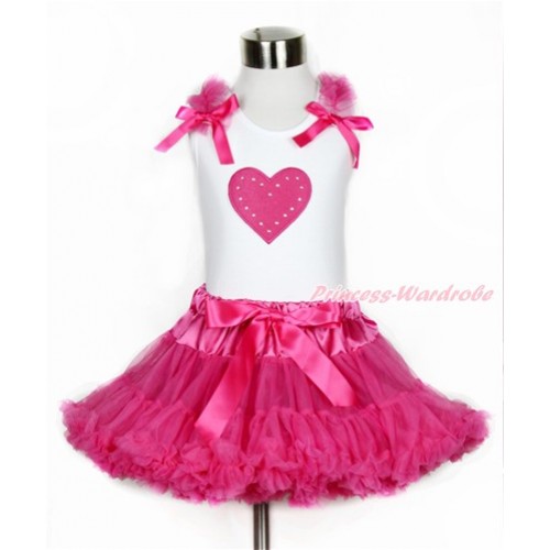 Valentine's Day White Tank Top with Hot Pink Ruffles & Hot Pink Bow with Hot Pink Heart Print & Hot Pink Pettiskirt MG1051 