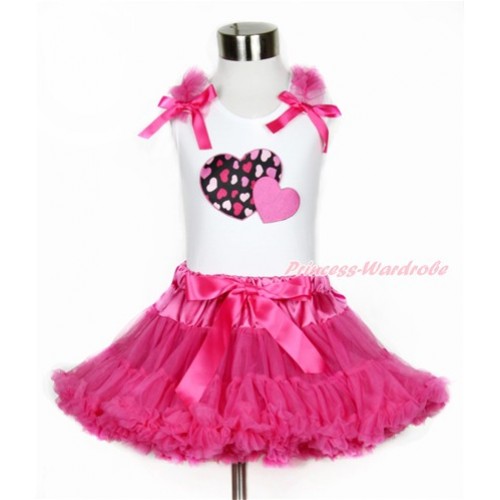 Valentine's Day White Tank Top with Hot Pink Ruffles & Hot Pink Bow with Hot Pink Sweet Twin Heart Print & Hot Pink Pettiskirt MG1052 