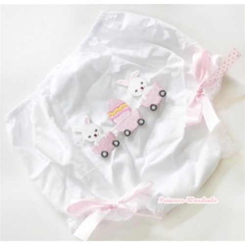 White Bloomer With Bunny Rabbit Egg Print & Light Pink White Polka Dots Bow BL71 