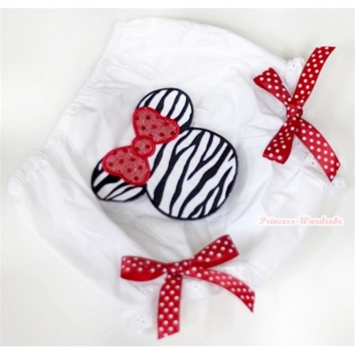 White Bloomer With Zebra Minnie Print & Red White Polka Dots Bow BL72 
