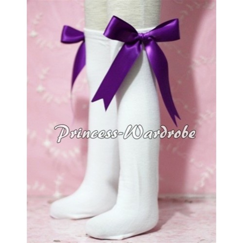 White Cotton Stocking with Dark Purple Big Bow P003926 