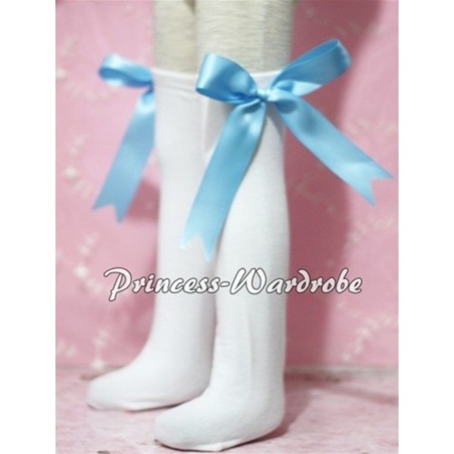 Whtie Cotton Stocking with Light Blue Ribbon SK18 