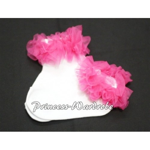 Plain Style Pure White Socks with Hot Pink Ruffles and Bow H207 