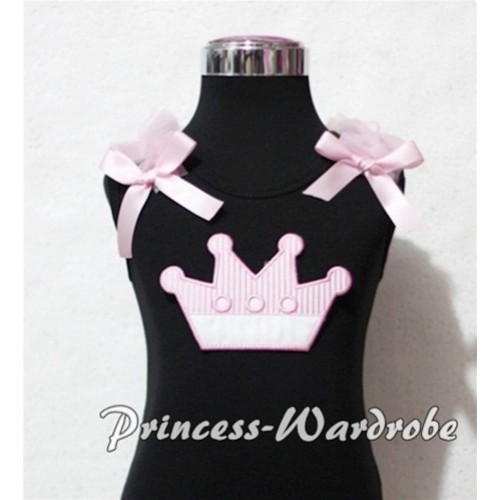 Pink Crown Black Tank Top with Light Pink Ruffles and Light Pink Bows TM152 