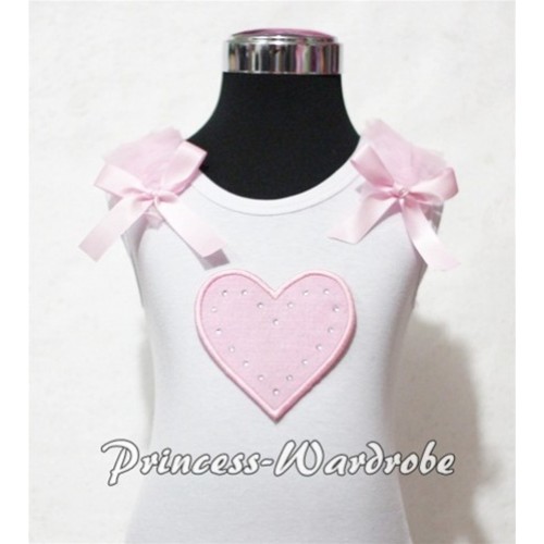 Light Pink Sweet Heart White Tank Top with Light Pink Ruffles and Light Pink Bows TM161 