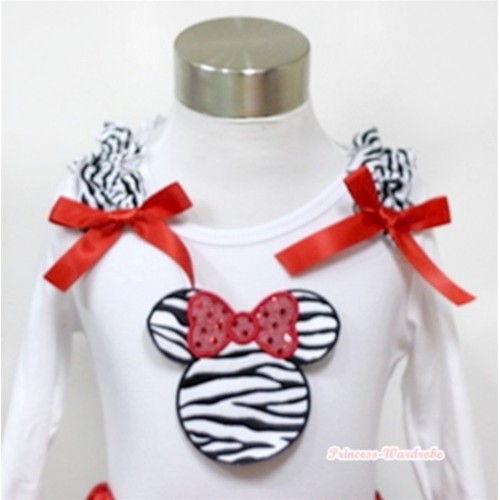 White Long Sleeves Top with Zebra Minnie Print With Zebra Ruffles & Red Bow T294 