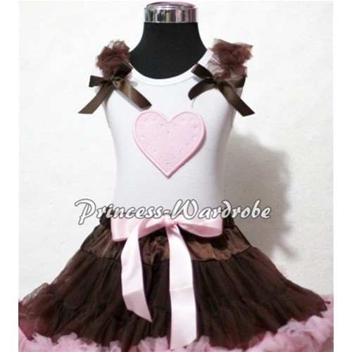 Light Pink Sweet Heart White Tank Top with Brown Ruffles and Brown Bows TM162 