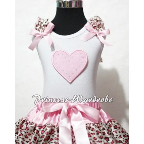 Light Pink Sweet Heart White Tank Top with Light Pink Leopard Ruffles and Light Pink Bows TM165 