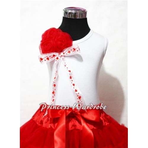 White Tank Top with Bunch of Red Rosettes and Sweet Heart Bow 