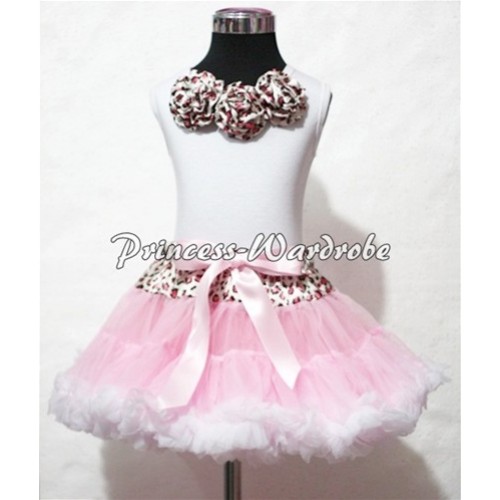 White Tank Tops with Light Pink Leopard Rosettes & Light Pink Leopard Waist Light Pink White Pettiskirt MG09 