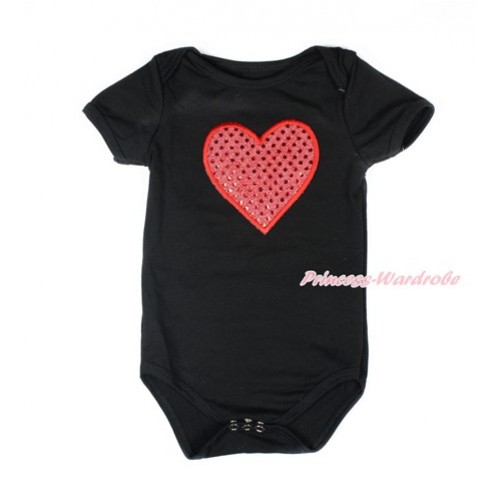 Valentine's Day Black Baby Jumpsuit with Sparkle Red Heart Print TH464 