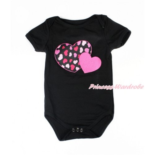 Valentine's Day Black Baby Jumpsuit with Hot Pink Sweet Twin Heart Print TH472 