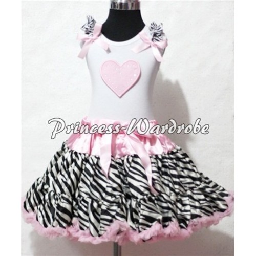 LIght Pink Sweet Heart Zebra Ruffles Light Pink Bow White Tank Top with Light Pink Zebra Pettiskirt MM117 