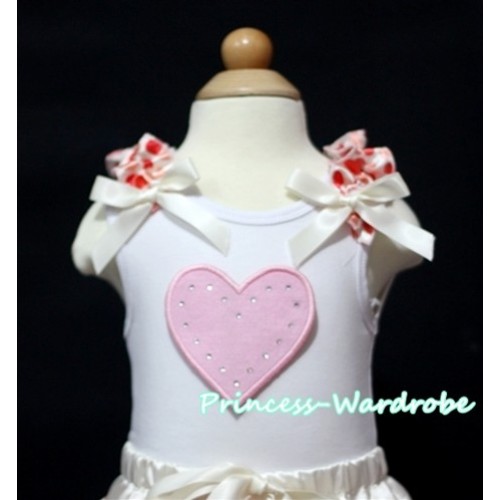 Light Pink Sweet Heart White Tank Top with Cream White Heart Ruffles and Cream White Bow TM166 