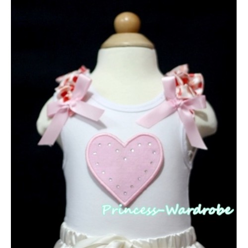 Light Pink Sweet Heart White Tank Top with Cream White Heart Ruffles and Light Pink Bow TM167 