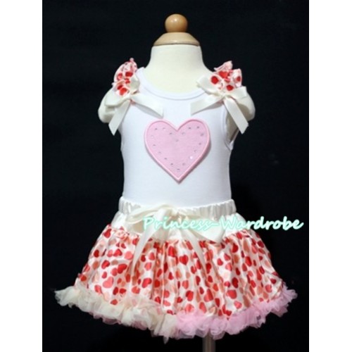 White Baby Pettitop & Light Pink Heart & Cream White Heart Ruffles & Cream White Bows with Cream White Heart Baby Pettiskirt NG326 