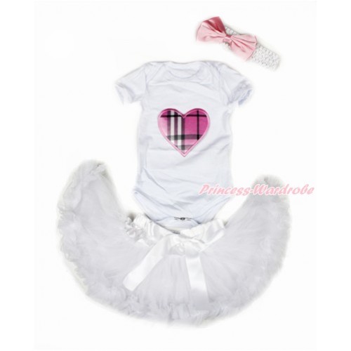 Valentine's Day White Baby Jumpsuit with Light Pink Checked Heart Print with White Newborn Pettiskirt With White Headband Light Pink Satin Bow JN07 