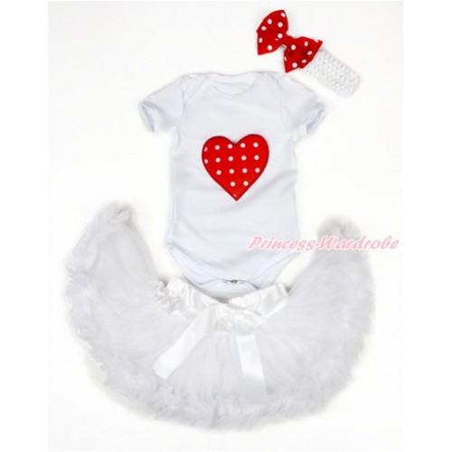 Valentine's Day White Baby Jumpsuit with Red White Dots Heart Print with White Newborn Pettiskirt With White Headband Minnie Dots Silk Bow JN09 