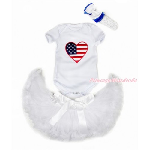 Valentine's Day White Baby Jumpsuit with Patriotic American Heart Print with White Newborn Pettiskirt With White Headband White Royal Blue Ribbon Bow JN10 