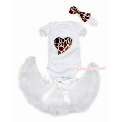Valentine's Day White Baby Jumpsuit with Brown Giraffe Heart Print with White Newborn Pettiskirt With White Headband Giraffe Satin Bow JN11 
