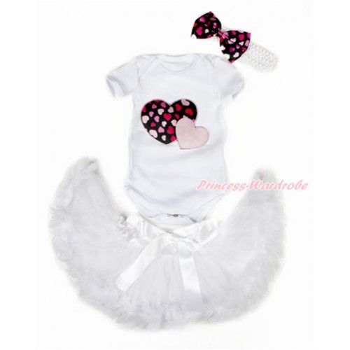Valentine's Day White Baby Jumpsuit with Light Pink Sweet Twin Heart Print with White Newborn Pettiskirt With White Headband Hot Light Pink Heart Satin Bow JN12 