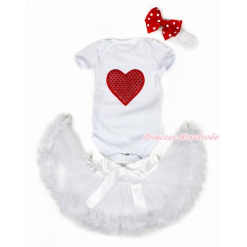 Valentine's Day White Baby Jumpsuit with Sparkle Red Heart Print with White Newborn Pettiskirt With White Headband Minnie Dots Silk Bow JN13 