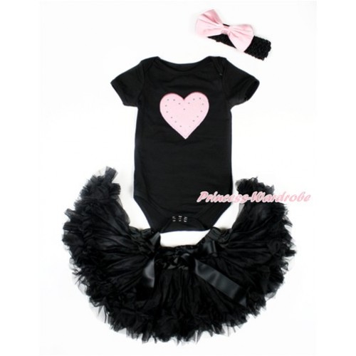 Valentine's Day Black Baby Jumpsuit with Light Pink Heart Print with Black Newborn Pettiskirt With Black Headband Light Pink Satin Bow JN15 