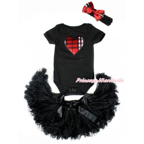 Valentine's Day Black Baby Jumpsuit with Red Black Checked Heart Print with Black Newborn Pettiskirt With Black Headband Red Black Checked Satin Bow JN20 