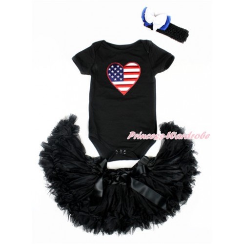 Valentine's Day Black Baby Jumpsuit with Patriotic American Heart Print with Black Newborn Pettiskirt With Black Headband White Royal Blue Ribbon Bow JN23 