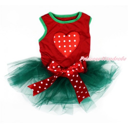 Valentine's Day Red Sleeveless Teal Green Gauze Skirt With Red White Dots Heart Print With Red White Polka Dots Bow Pet Dress DC074 