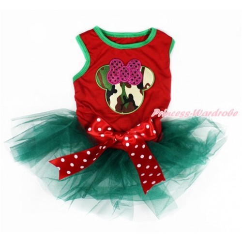 Red Sleeveless Teal Green Gauze Skirt With Sparkle Hot Pink Camouflage Minnie Print With Red White Polka Dots Bow Pet Dress DC075 