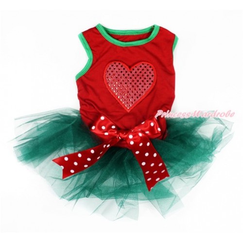 Valentine's Day Red Sleeveless Teal Green Gauze Skirt With Sparkle Red Heart Print With Red White Polka Dots Bow Pet Dress DC076 