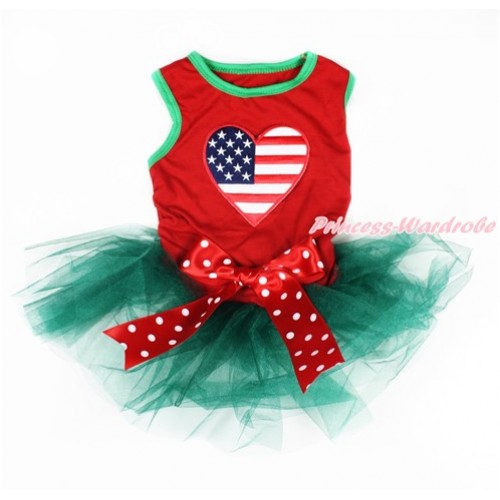 Valentine's Day Red Sleeveless Teal Green Gauze Skirt With Patriotic American Heart Print With Red White Polka Dots Bow Pet Dress DC077 