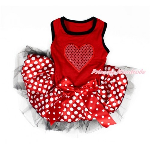 Valentine's Day Red Sleeveless Minnie Polka Dots Black Gauze Skirt With Spakle Red Heart Print With Red White Polka Dots Bow Pet Dress DC078 