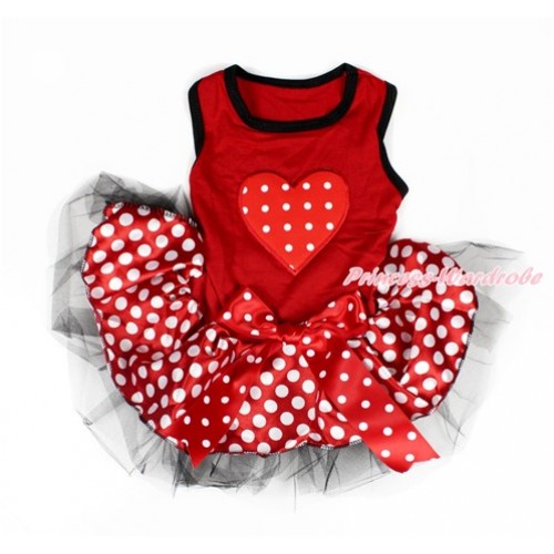 Valentine's Day Red Sleeveless Minnie Polka Dots Black Gauze Skirt With Red White Dots Heart Print With Red White Polka Dots Bow Pet Dress DC079 