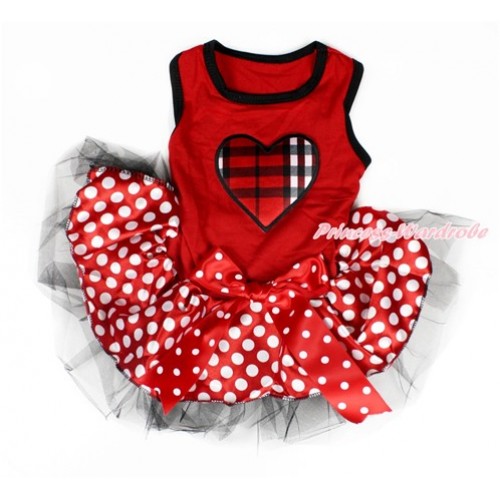 Valentine's Day Red Sleeveless Minnie Polka Dots Black Gauze Skirt With Red Black Checked Heart Print With Red White Polka Dots Bow Pet Dress DC080 