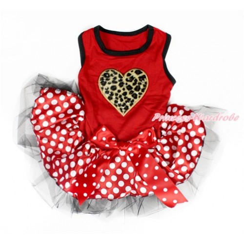 Valentine's Day Red Sleeveless Minnie Polka Dots Black Gauze Skirt With Leopard Heart Print With Red White Polka Dots Bow Pet Dress DC081 