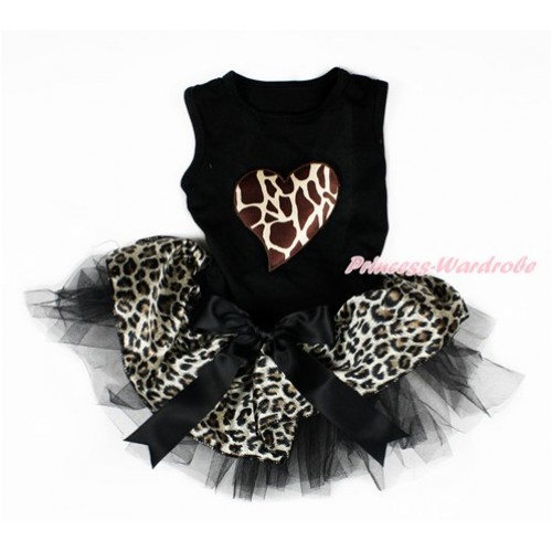 Valentine's Day Black Sleeveless Leopard Black Gauze Skirt With Giraffe Heart Print With Black Bow Pet Dress DC084 