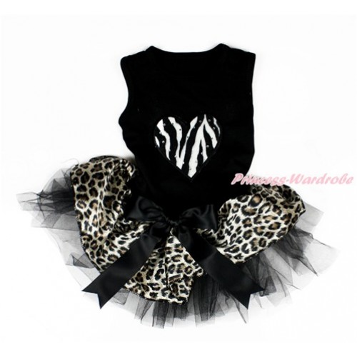 Valentine's Day Black Sleeveless Leopard Black Gauze Skirt With Zebra Heart Print With Black Bow Pet Dress DC085 