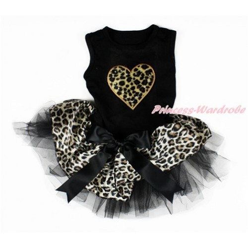 Valentine's Day Black Sleeveless Leopard Black Gauze Skirt With Leopard Heart Print With Black Bow Pet Dress DC082 