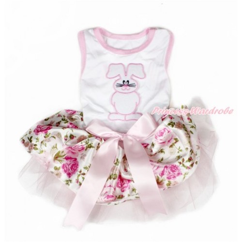 Easter White Sleeveless Light Pink Rose Fusion Gauze Skirt With Bunny Rabbit Print With Light Pink Bow Pet Dress DC089 