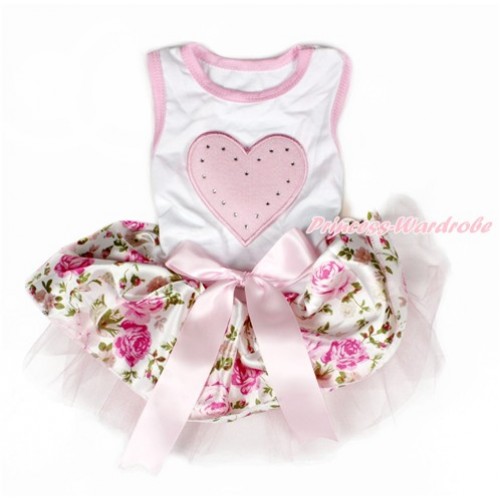 Vanlentine's Day White Sleeveless Light Pink Rose Fusion Gauze Skirt With Light Pink Heart Print With Light Pink Bow Pet Dress DC090 