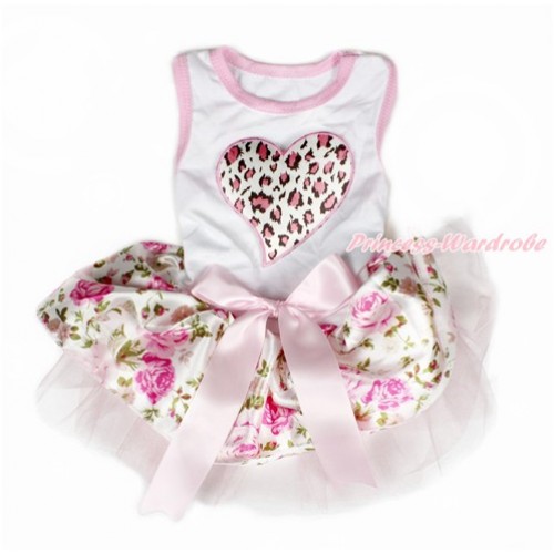 Valentine's Day White Sleeveless Light Pink Rose Fusion Gauze Skirt With Light Pink Leopard Heart Print With Light Pink Bow Pet Dress DC091 