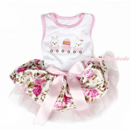 Easter White Sleeveless Light Pink Rose Fusion Gauze Skirt With Bunny Rabbit Egg Print With Light Pink Bow Pet Dress DC088 