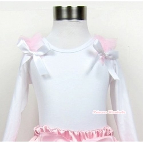 White Long Sleeves Top with Light Pink Ruffles & White Bow T295 