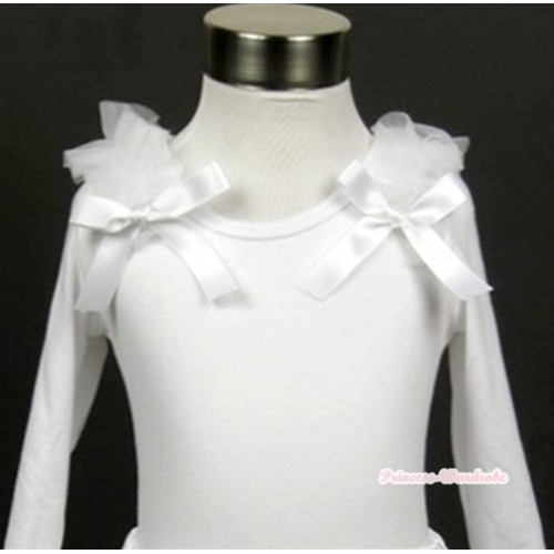 White Long Sleeves Top with White Ruffles & White Bow T296 